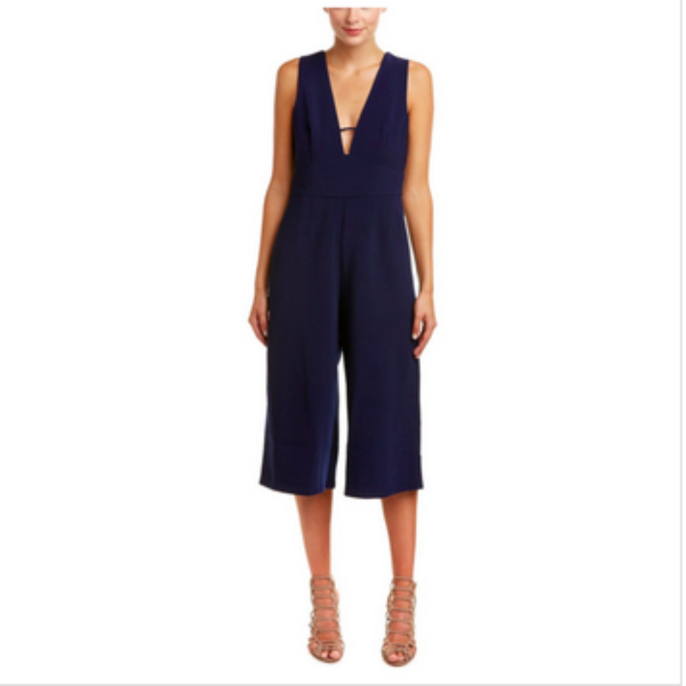 Adelyn Rae Jumpsuit V- Neck Wide Leg Crop Navy L